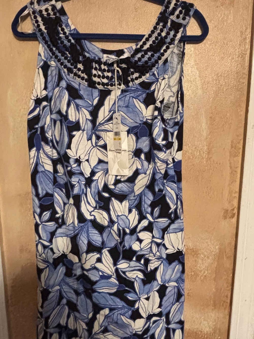 NWT Tommy Bahama Sleeveless Blue Floral Shift Dress with Embroidered Neckline